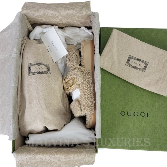 GUCCI SHOES DOUBLE G LOGO BEIGE MERINO WOOL SANDALS w STRAPS sz 38 8 US - Picture 14 of 15